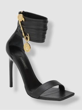 Versace Black Leather Ankle-Cuff Stiletto Sandal with Gold Medusa Charms